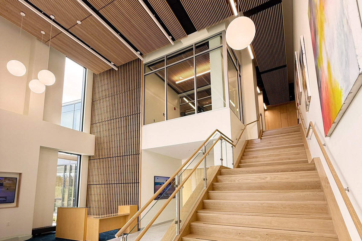 The staircase and lobby of the Harold Alfond Center for Ocean Education and Innovation.